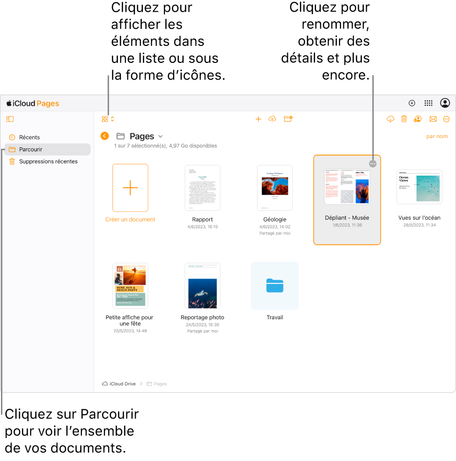 Le gestionnaire de documents en présentation de navigation, montrant des documents Pages sous forme d’icônes dans une grille. Le bouton Plus (trois points) est visible dans le coin supérieur droit du document sélectionné. Au-dessus des documents, le côté gauche de la barre d’outils dispose d’un menu local où vous pouvez choisir d’afficher les éléments sous forme d’icônes ou dans une liste. Sur le côté droit de la barre d’outils se trouvent des boutons permettant de télécharger, collaborer, envoyer un e-mail ou supprimer.