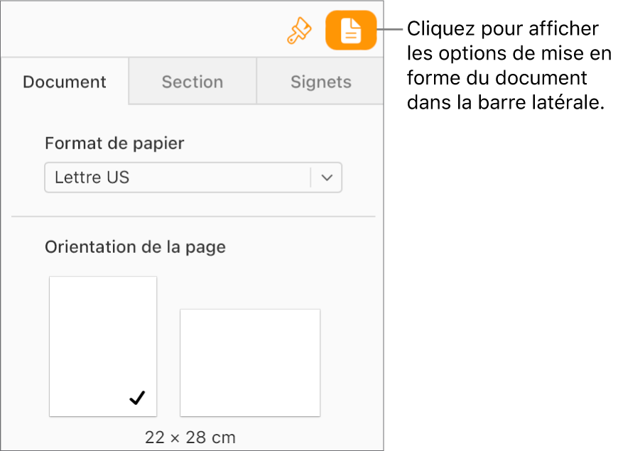 Bouton Document sélectionné dans la barre d’outils et commandes de changement de la taille du papier et de l’orientation de la page dans l’onglet Document de la barre latérale.