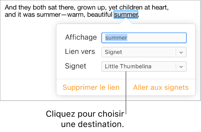 Le texte dans un document est sélectionné et souligné, et la fenêtre du lien indique que ce texte est associé à un signet.