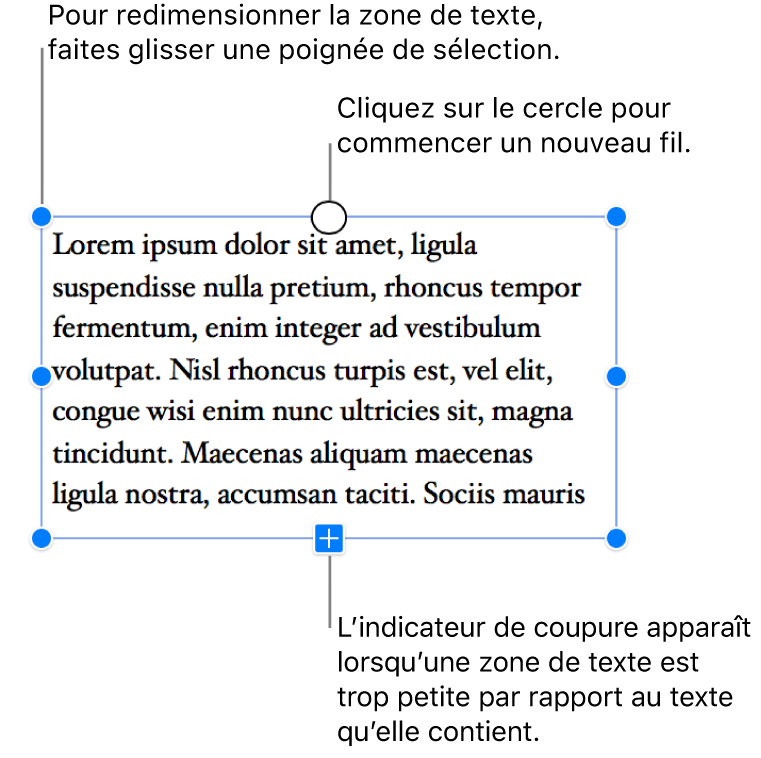 La présence de poignées de sélection bleues autour de la zone de texte indique que celle-ci est sélectionnée. La présence d’un indicateur de coupure au bas de la zone indique que le texte déborde. Enfin, un cercle visible en haut de la zone signale que vous pouvez cliquer pour démarrer un nouveau fil.