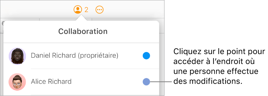 Le menu Collaboration est ouvert, avec deux participants et un point de couleur différent à droite du nom de chacun d’eux.