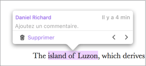 Une partie du texte est surlignée dans un document, et le nom de la personne ayant ajouté le surlignage et l’heure de l’ajout s’affichent au-dessus.