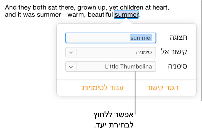 רואים מלל נבחר ומסומן בקו תחתון במסמך וחלון של הקישור שמראה איך המלל מקושר לסימניה.