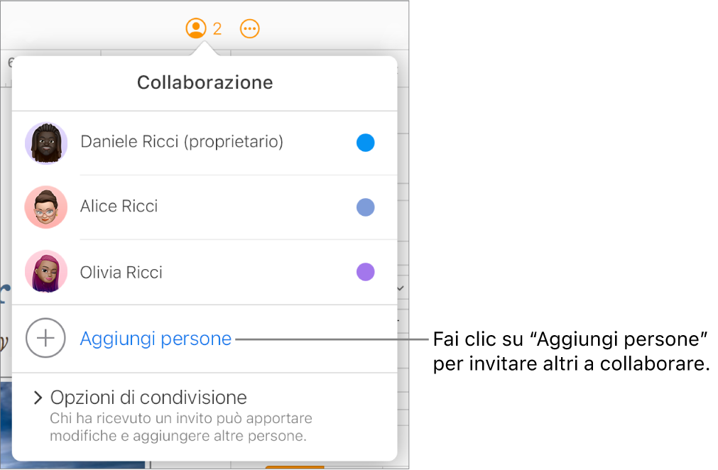 Il menu Collaborazione aperto, con un’opzione “Aggiungi persone” sotto l’elenco dei partecipanti.