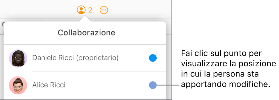 Il menu Collaborazione aperto, con due partecipanti e un punto di colore diverso accanto a ogni nome.