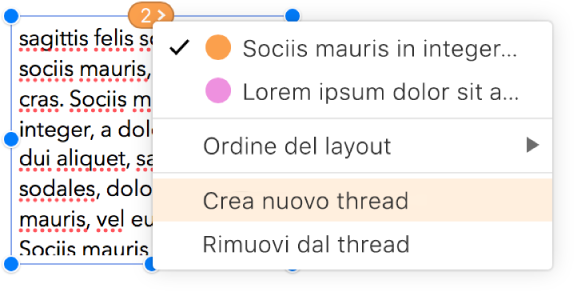 La seconda casella di testo di un thread è selezionata e il menu a comparsa accanto al cerchio nella parte superiore della casella di testo è aperto. Nel menu a comparsa, la voce Crea nuovo thread è selezionata.