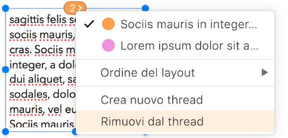 La seconda casella di testo di un thread è selezionata e il menu a comparsa accanto al cerchio nella parte superiore della casella di testo è aperto. Nel menu a comparsa, è selezionata la voce Rimuovi dal thread.