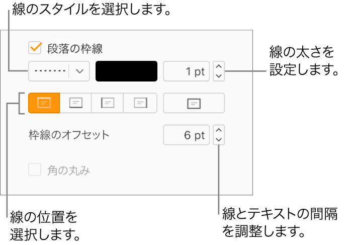 「フォーマット」サイドバーの「レイアウト」タブで「段落の枠線」チェックボックスが選択され、チェックボックスの下には線のスタイル、カラー、太さ、テキストからのオフセットを変更するためのコントロールが表示されています。