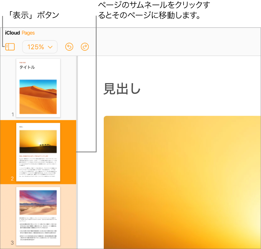 画面左側のページサムネールの表示でページを選択している状態。「表示」ボタンは、サムネールの上のツールバーにあります。
