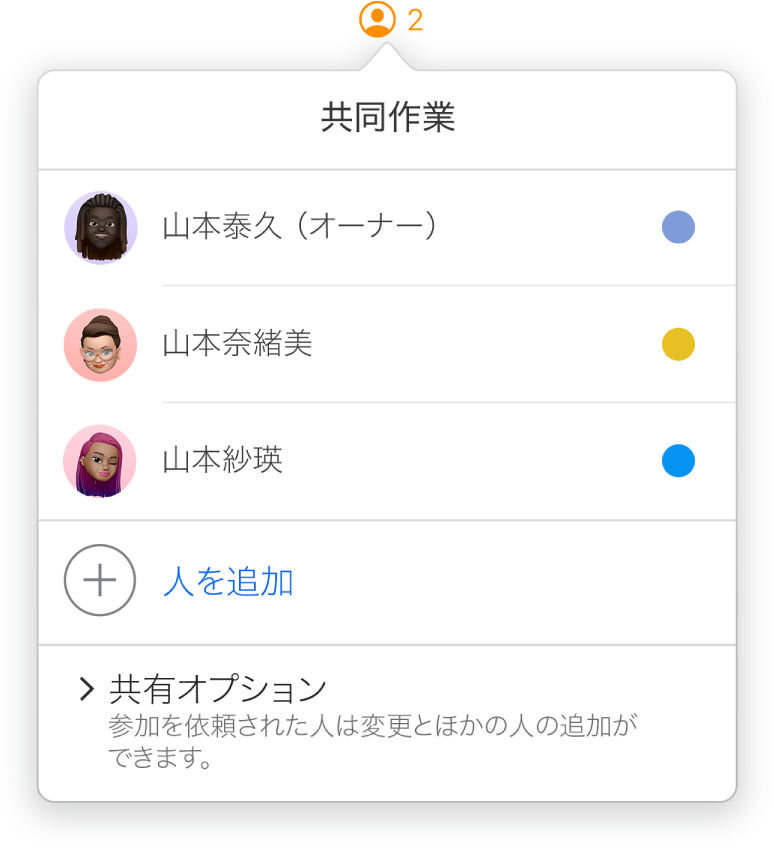 書類を共同作業している人々の名前を示す「共同作業」メニュー。「共有」オプションは名前の下にあります。