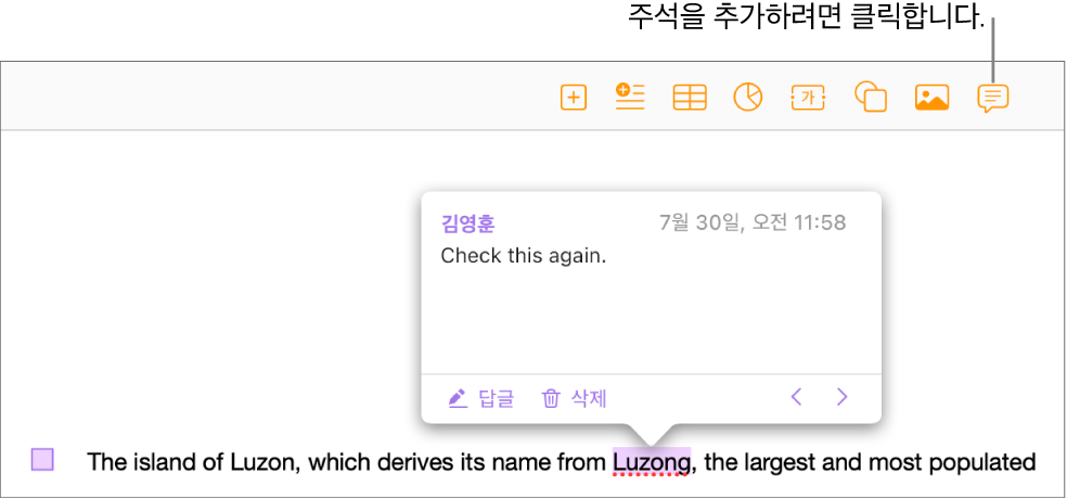 문서의 일부 텍스트에 추가된 주석. 텍스트가 하이라이트되고 네모 표시가 왼쪽 여백에 나타납니다.