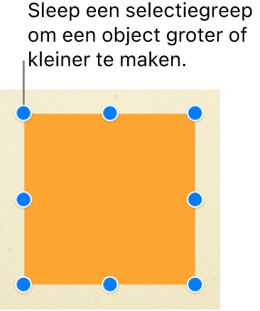 Een vierkant object met selectiegrepen zichtbaar op elke hoek en in het midden van elke zijde.