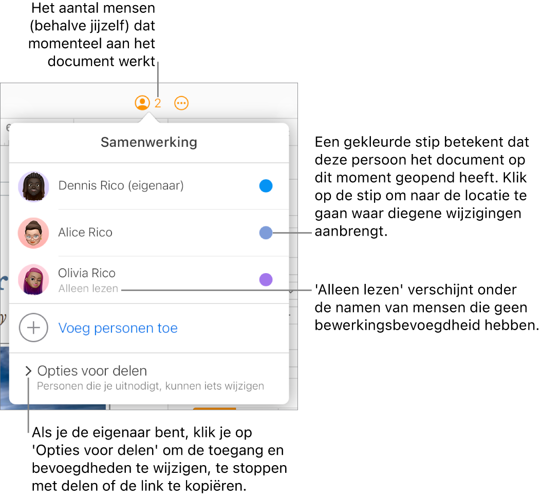 Het geopende samenwerkingsmenu met een lijst van drie deelnemers (één met de bevoegdheid 'Alleen lezen'), een optie om mensen toe te voegen en het gedeelte 'Opties voor delen'.