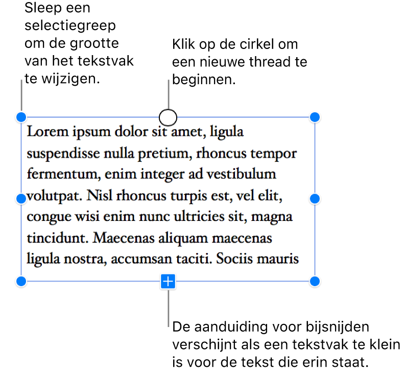 Een tekstvak met blauwe selectiegrepen, wat weergeeft dat het is geselecteerd, een aanduiding voor bijsnijden geeft aan dat er tekstoverloop is en een cirkel bovenaan waarop je kunt klikken om een nieuwe thread te beginnen.