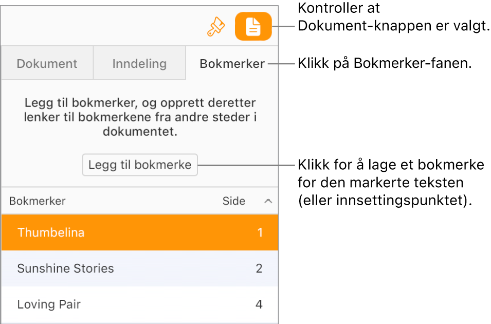 Bokmerker-fanen er valgt i Dokument-sidepanelet. Legg til bokmerke-knappen vises over en liste med bokmerker som allerede er lagt til i dokumentet.