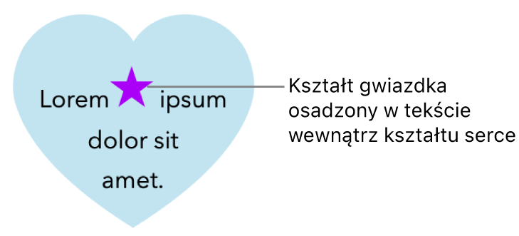 Kształt gwiazdki wyświetlany osadzony w tekście wewnątrz kształtu serca.