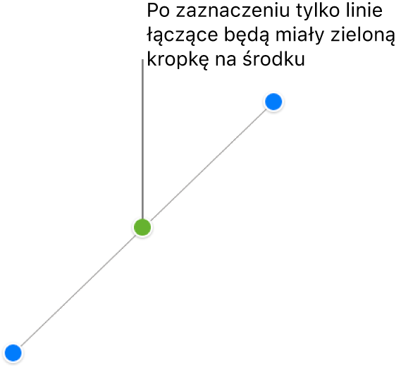Zaznaczona linia prosta połączenia. Na końcach widać niebieskie uchwyty zaznaczenia, a w środku widnieje zielona kropka.