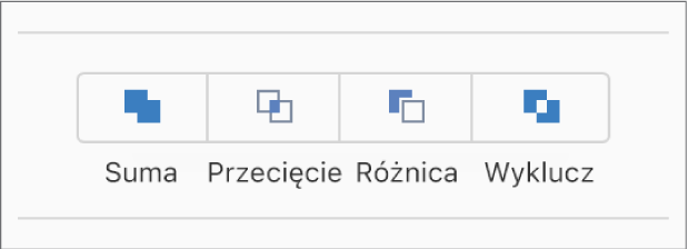 Przyciski Suma, Przecięcie, Różnica i Wyklucz u dołu karty Uporządkuj na pasku bocznym Format.