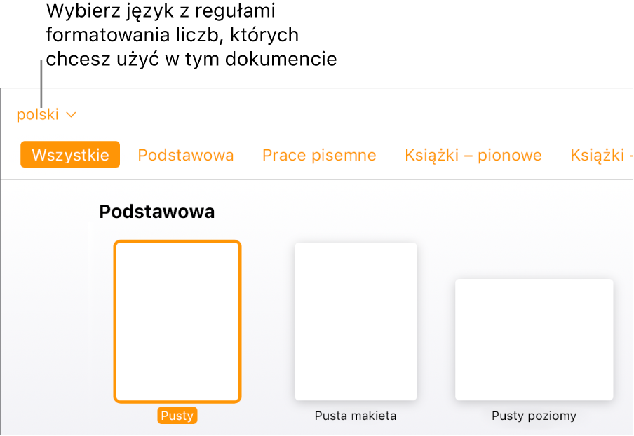 Menu podręczne w lewej górnej części palety szablonów z wybraną opcją Angielski (USA).