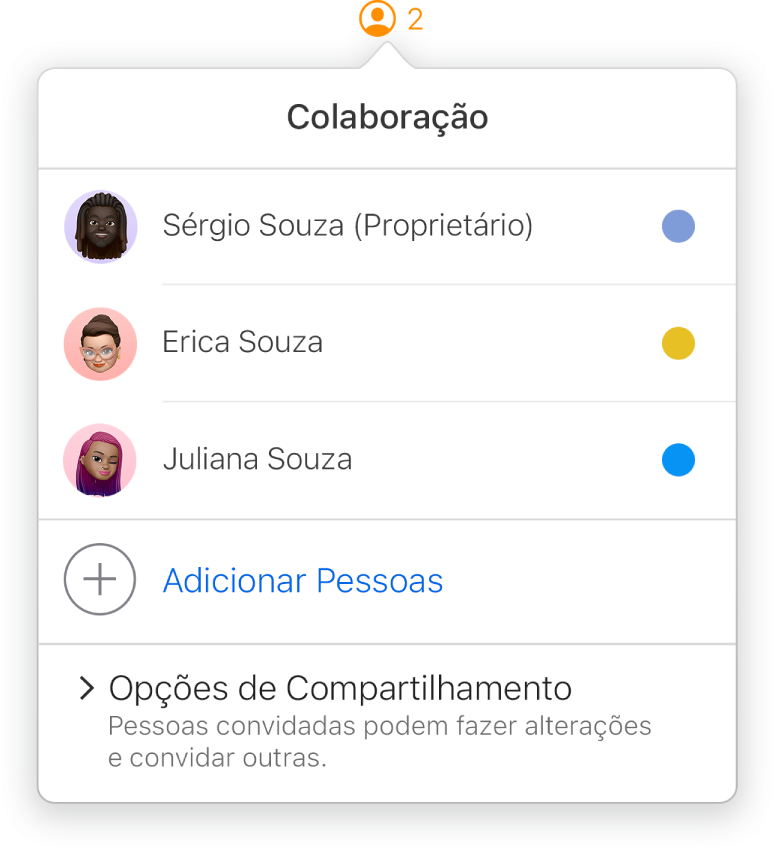 Menu Colaboração mostrando os nomes das pessoas que estão colaborando no documento. As opções de compartilhamento se encontram abaixo dos nomes.