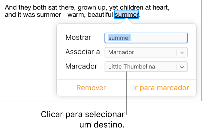O texto num documento está selecionado e sublinhado e a janela da hiperligação mostra que o texto está ligado a um marcador.