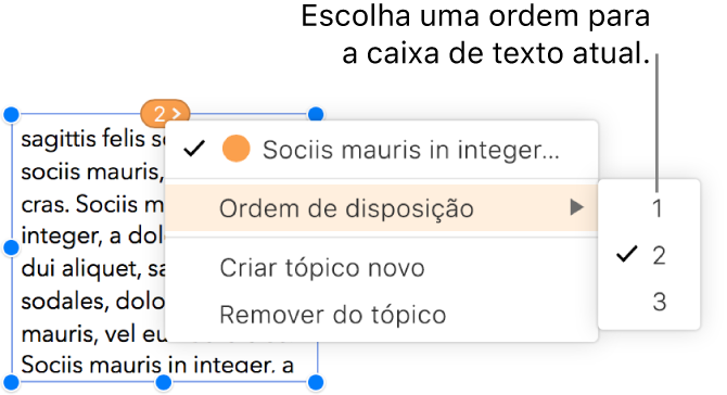 A caixa de texto encadeada é selecionada e um menu pop-up de texto junto ao círculo na parte superior da caixa de texto é aberto. No menu pop-up, o item de menu “Ordem de disposição” é selecionado e um segundo menu pop-up apresenta os números 1, 2 e 3. O número 2 tem uma marca de verificação junto dele para indicar que está na segunda caixa de texto no tópico.