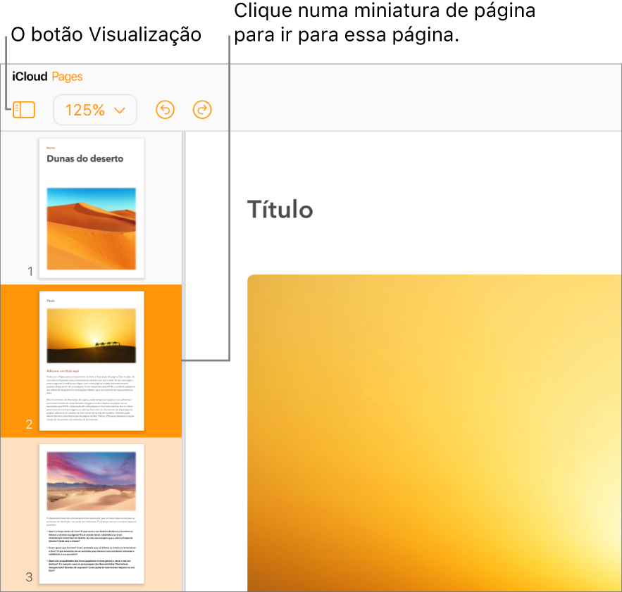 As miniaturas das páginas na barra lateral esquerda com a página selecionada destacada a laranja escuro e uma outra página na mesma secção destacada a laranja claro.