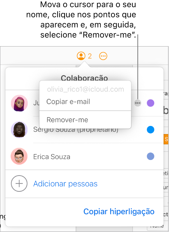 O menu Colaboração abre-se, com o botão “Mais” à direita do primeiro participante clicado e a opção "Remover-me” disponível.