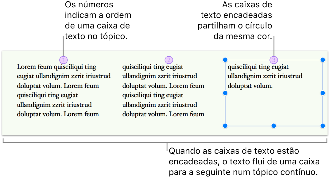 Três caixas de texto encadeadas preenchidas com texto e dispostas lado a lado numa página. Cada caixa de texto inclui um círculo roxo na parte superior com um número que indica a respetiva ordem no tópico.