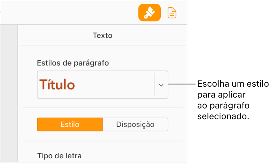 O menu pop-up “Estilos de parágrafo” na barra lateral "Formatação”. O estilo de parágrafo Cabeçalho com tipo de letra negrito, a vermelho, está selecionado.