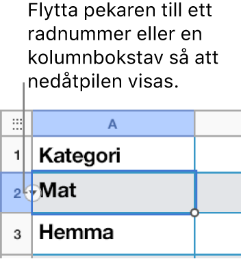 Ett radnummer är valt i en tabell och en nedåtpil visas till höger.