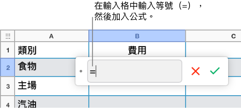 已在公式編輯器中輸入等號（=），但尚未輸入公式。