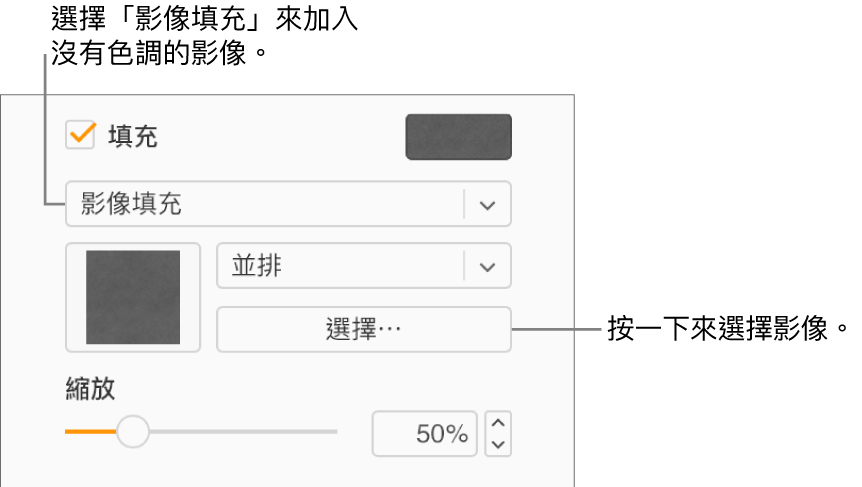 側邊欄中已選取「填充」註記框，註記框下方的彈出式選單也已選取「影像填充」。選擇影像、影像填充物件的方式，以及影像尺寸的控制項目會顯示於彈出式選單下方。影像填充的預覽在正方形中顯示（在選擇影像後）。