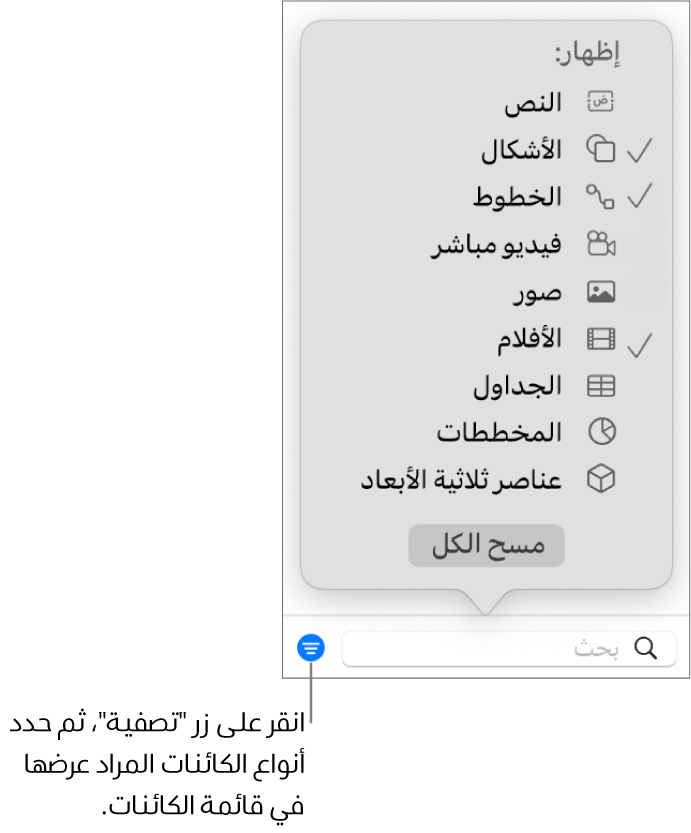 تفتح القائمة المنبثقة "التصفية" وتظهر بها قائمة بأنواع الكائنات التي يمكن أن تحتوي عليها القائمة (نص، وأشكال، وخطوط، وصور، وأفلام، وجداول، ومخططات).