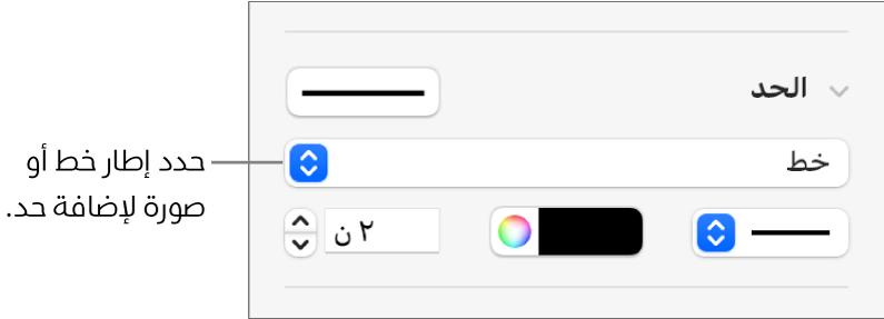 عناصر التحكم في نمط الحدود في الشريط الجانبي "التنسيق" مع تحديد "خط" كنوع الحد.