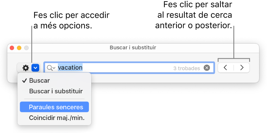 La finestra “Buscar i substituir”, amb el menú desplegable mostrant les opcions “Buscar”, “Buscar i substituir”, “Paraules senceres” i “Coincidir maj./min.”. Les fletxes de la dreta permeten anar als resultats de cerca anteriors o posteriors.