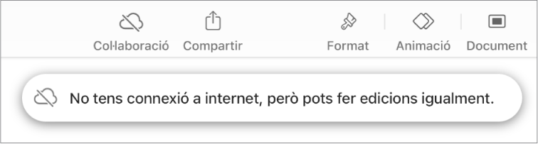 Els botons a la part superior de la pantalla, amb el botó "Col·laboració" canviat a un núvol amb una línia diagonal a sobre. Una alerta a la pantalla amb el missatge “No tens connexió a internet, però pots fer edicions igualment”.