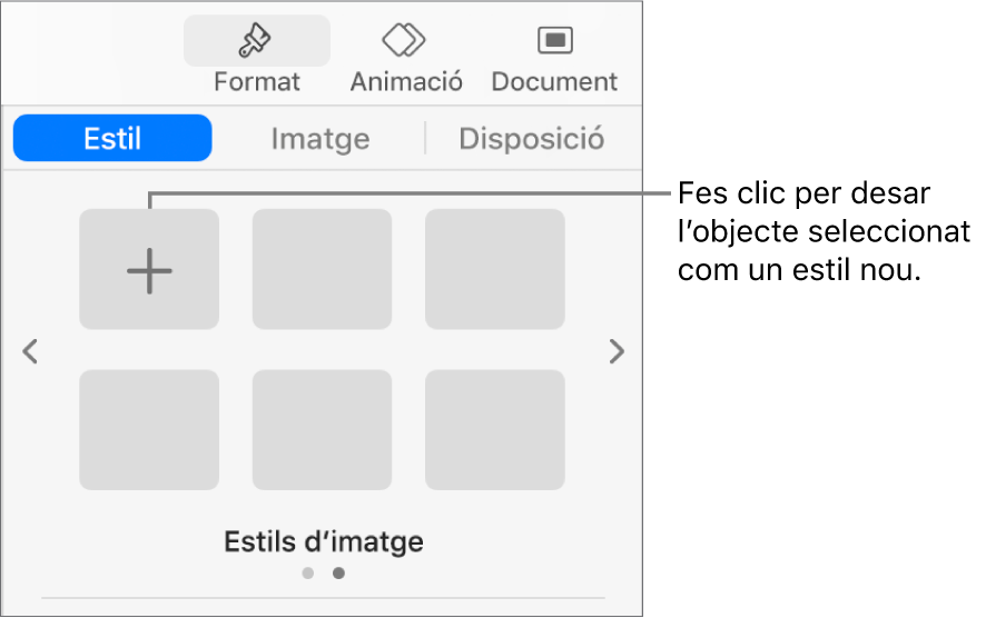 Pestanya Estil de la barra lateral Format amb un estil de quadre de text, un botó “Crear un estil” a la seva dreta i quatre marcadors de posició d’estil buits.