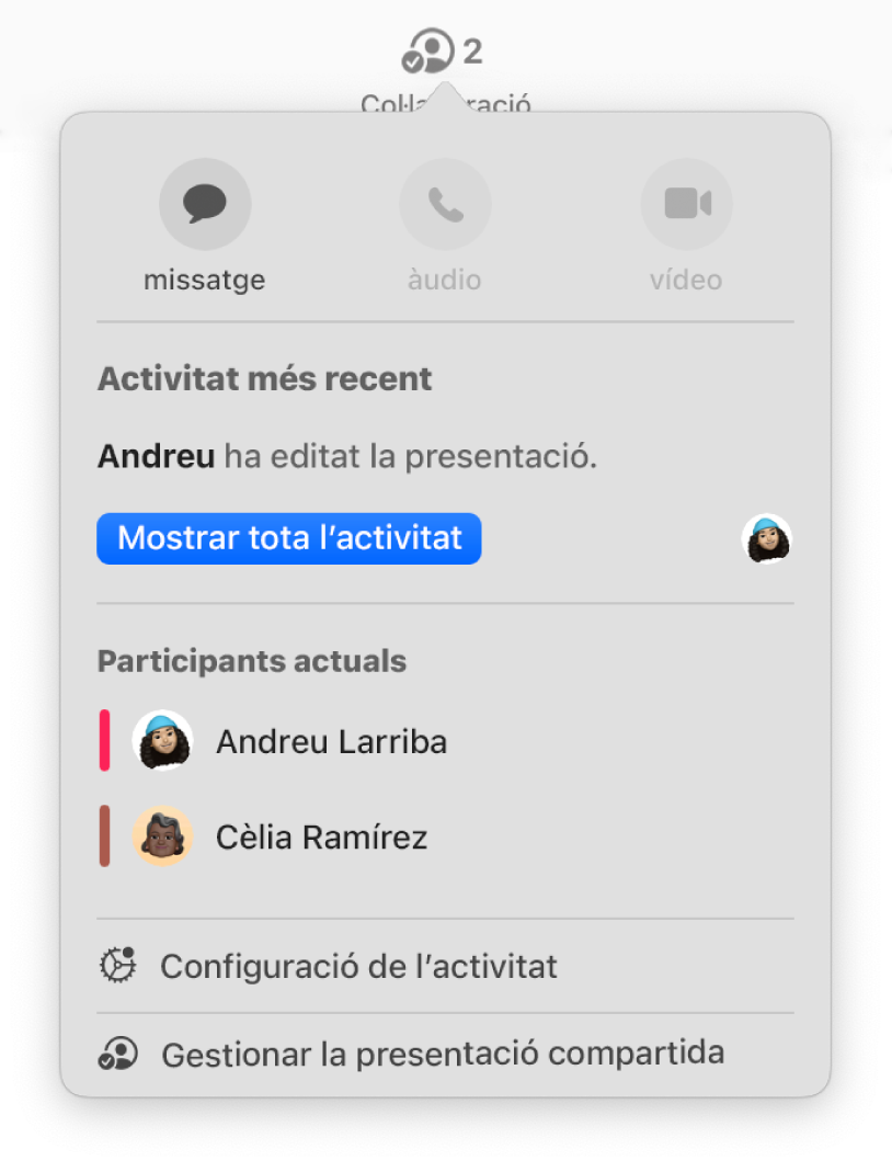 El menú “Col·laboració”, en què es mostren els noms de les persones que col·laboren en la presentació.