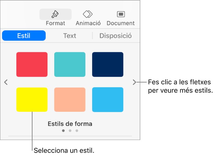 Pestanya Estil de la barra lateral Format amb sis estils d’objecte i fletxes de navegació a l’esquerra i la dreta.