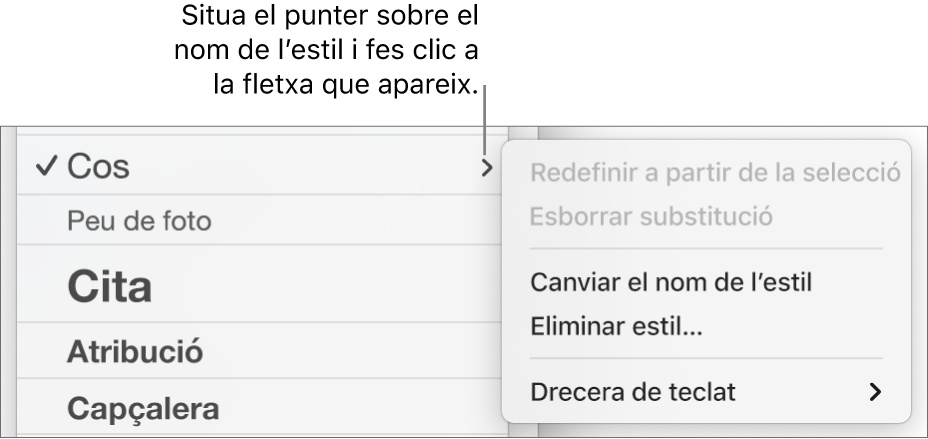 El menú “Estils de paràgraf” amb el menú de dreceres obert.