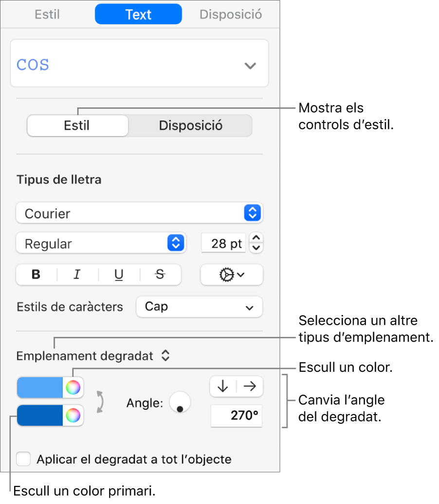 Els controls per seleccionar colors predissenyats o qualsevol color.