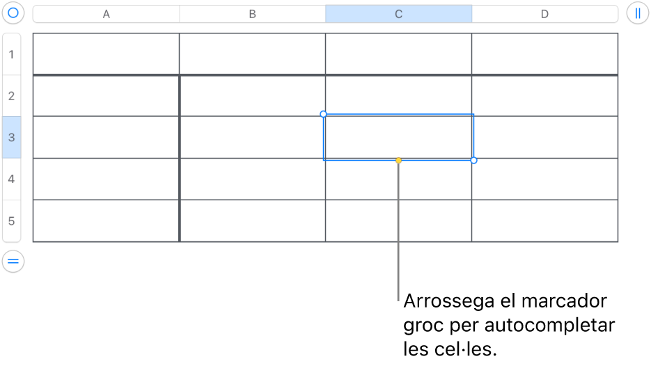 Una cel·la seleccionada amb un marcador groc que pots arrossegar per autocompletar cel·les.