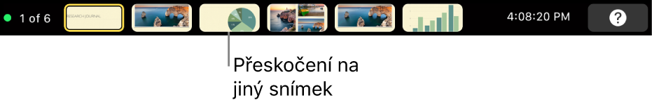 Touch Bar na MacBooku Pro, na němž jsou vidět ovládací prvky pro ukončení prezentace, přeskočení na různé snímky nebo přepnutí monitoru prezentujícího