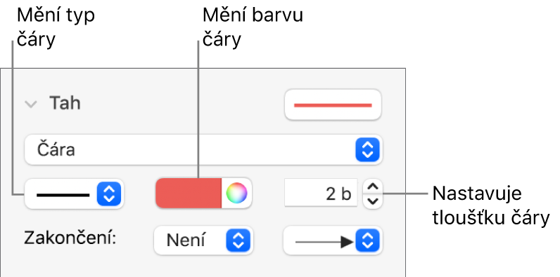 Ovládací prvky tahu pro nastavení koncových bodů, tloušťky a barvy čáry