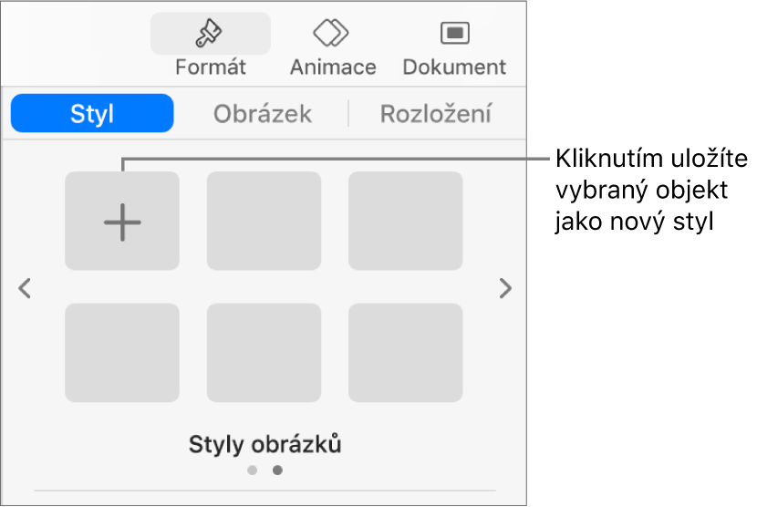 Karta Styl na bočním panelu Formát s jedním stylem textového rámečku, s tlačítkem Vytvořit styl vpravo od něj a se čtyřmi prázdnými maketami stylů