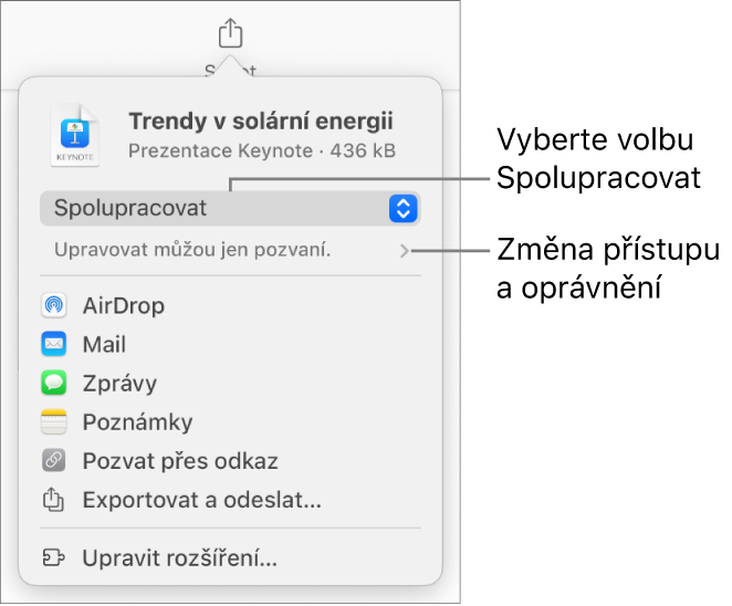 Nabídka sdílení, v níž je nahoře vidět vybraná volba Spolupracovat a pod ní volby pro nastavení přístupu a oprávnění