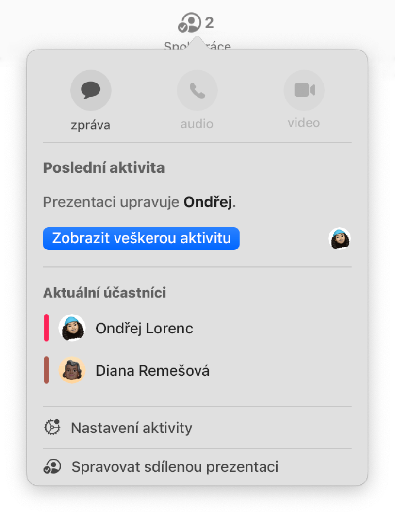 Nabídka spolupráce se zobrazenými jmény uživatelů, kteří na prezentaci spolupracují