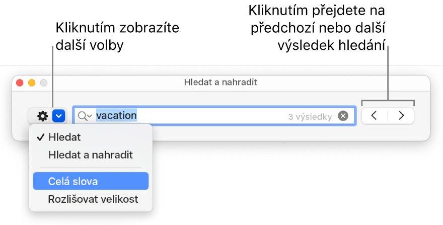 Okno Hledat a nahradit s místní nabídkou obsahující volby Hledat, Hledat a nahradit, Celá slova a Rozlišovat velikost. Pomocí šipek na pravé straně můžete přejít na předchozí nebo následující výsledek hledání.