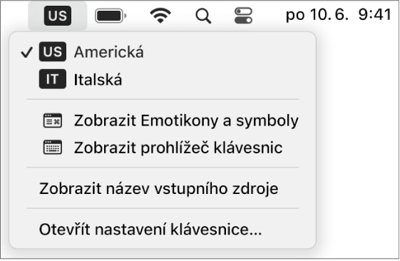 Nabídka vstupů v pravém horním rohu řádku nabídek